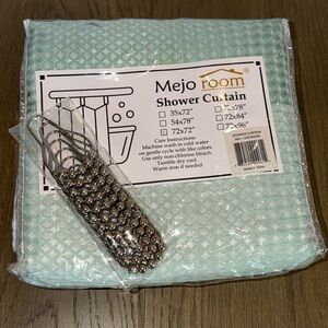 Green and White Shower Curtain with silver tone hooks